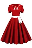 AXOE Damen Rockabilly Kleid A Linie Festlich Jungend Kleidung Kurzarm mit Gürtel Sommerkleid Leicht Midi Rot, Gr.44, 3XL