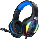 Fachixy 「2024 New」 FC100 Gaming Headset für PS4/PS5/PC/Xbox/Nintendo Switch, PS4 Kopfhörer mit Kabel und RGB Licht, Stereo Surround Kopfhörer mit Mikrofon, Noise Cancelling Gamer Headphones - Blau