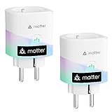 Meross Matter Smart Steckdosen mit Stromverbrauch, WLAN Steckdosen mit Stromzähler für Balkonkraftwerk, funktioniert Apple HomeKit, Alexa und Google, 16A, 2 Stücke