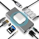 HUB Dongle mit kabellosem Laden, 13 in 1 Docking Station Adapter mit 4K-HDMI, VGA, 2×USB3.0, USB C 3.0&2.0, RJ45 Ethernet, PD 100W, SD/TF & 3.5mm AUX, Kompatibel mit MacBook Pro & Andere Laptops