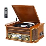 MUSITREND Record Player 3 Speed Kabelloser Bluetooth Vinyl Plattenspieler mit AM/FM Radio Phonograph mit 3, 5mm Kopfhörerbuchse, CD/Kassette, AUX-in/RCA-Ausgang, USB Wiedergabe