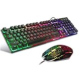 BAKTH Gaming Tastatur und Maus Set, LED Hintergrundbeleuchtung QWERTY US Layout, Regenbogen Farben Beleuchtete USB Wasserdicht Tastatur und Maus mit 2400 DPI für Pro PC Gamer