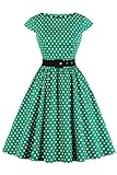 AXOE Damen 50er Jahre Kleid Rockabilly mit Gürtel Weiß Polka Dots Grün Gr. 46, 3XL