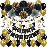 ZERODECO Geburtstagsdeko, Happy Birthday Wimpelkette Banner Girlande mit Pompoms Papier Girlande Fans Fächer Dreieckige Wimpel Spiral Girlanden und Luftballon - Schwarz und Gold