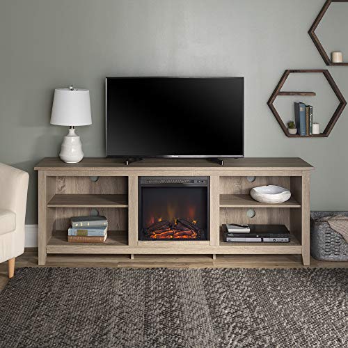 Walker Edison Möbel Company Minimal Farmhouse Holzkamin Universal Ständer für Fernseher bis zu 80" Flachbildschirm Wohnzimmer Aufbewahrung Regale Entertainment Center, 70 Zoll, Grau / Braun