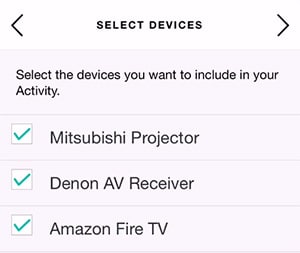 Harmony Hub Auswählen von Geräten, die der Aktivität hinzugefügt werden sollen