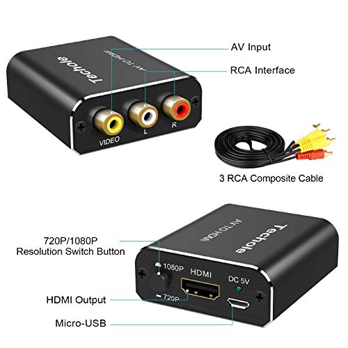 Techole RCA zu HDMI [RCA Cables Included], Aluminium AV zu HDMI Video Converter, 1080P RCA Composite CVBS Adapter Unterst&uuml;tzung PAL / NTSC mit USB-Kabel f&uuml;r PC Xbox PS3 TV STB VHS VCR Kamera DVD