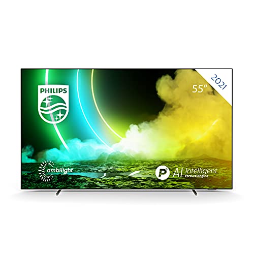 Philips Ambilight 55OLED705/12 55-Zoll-OLED-Fernseher (4K UHD, P5 AI Perfect Picture Engine, Dolby Vision, Atmos, HDR 10+, Freeview Play, kompatibel mit Alexa, Android TV) Chrome (Modell 2021/2022)